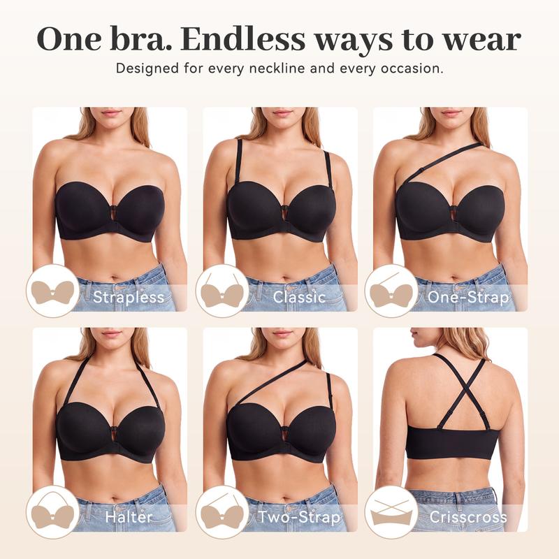 LUCKMEEY Strapless Push-Up Bra – Front Closure, Seamless Design & Removable Straps