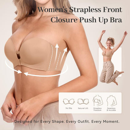 LUCKMEEY Strapless Push-Up Bra – Front Closure, Seamless Design & Removable Straps